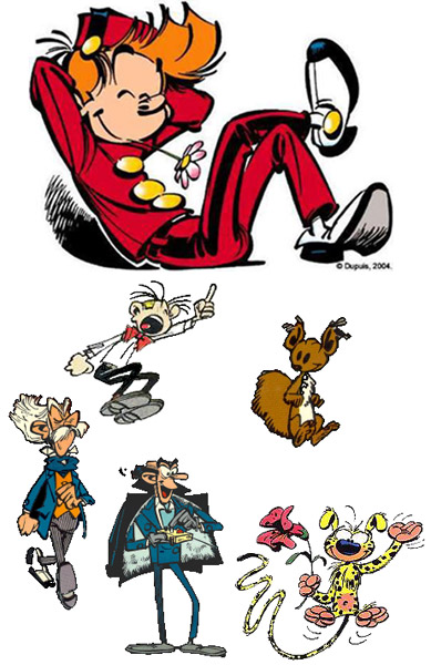Robbedoes en Kwabbernoot met Spip, marsupilami, de graaf van Rommelgem en Zwendel